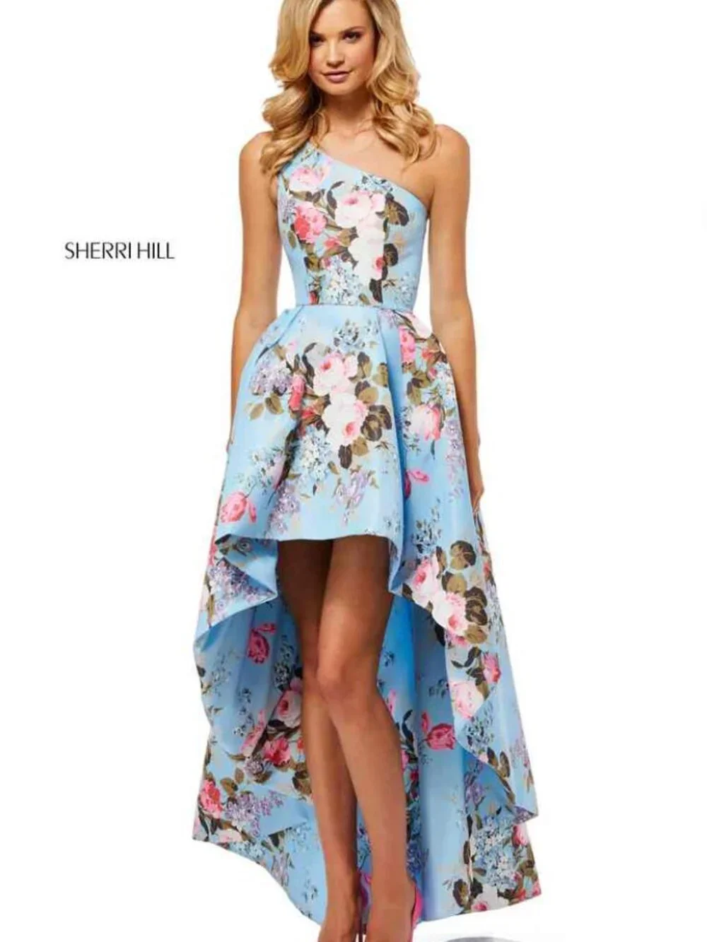 Sherri Hill Blue One-shoulder floral print taffeta high-low Party Dress Size 8 - Picture 4 of 5